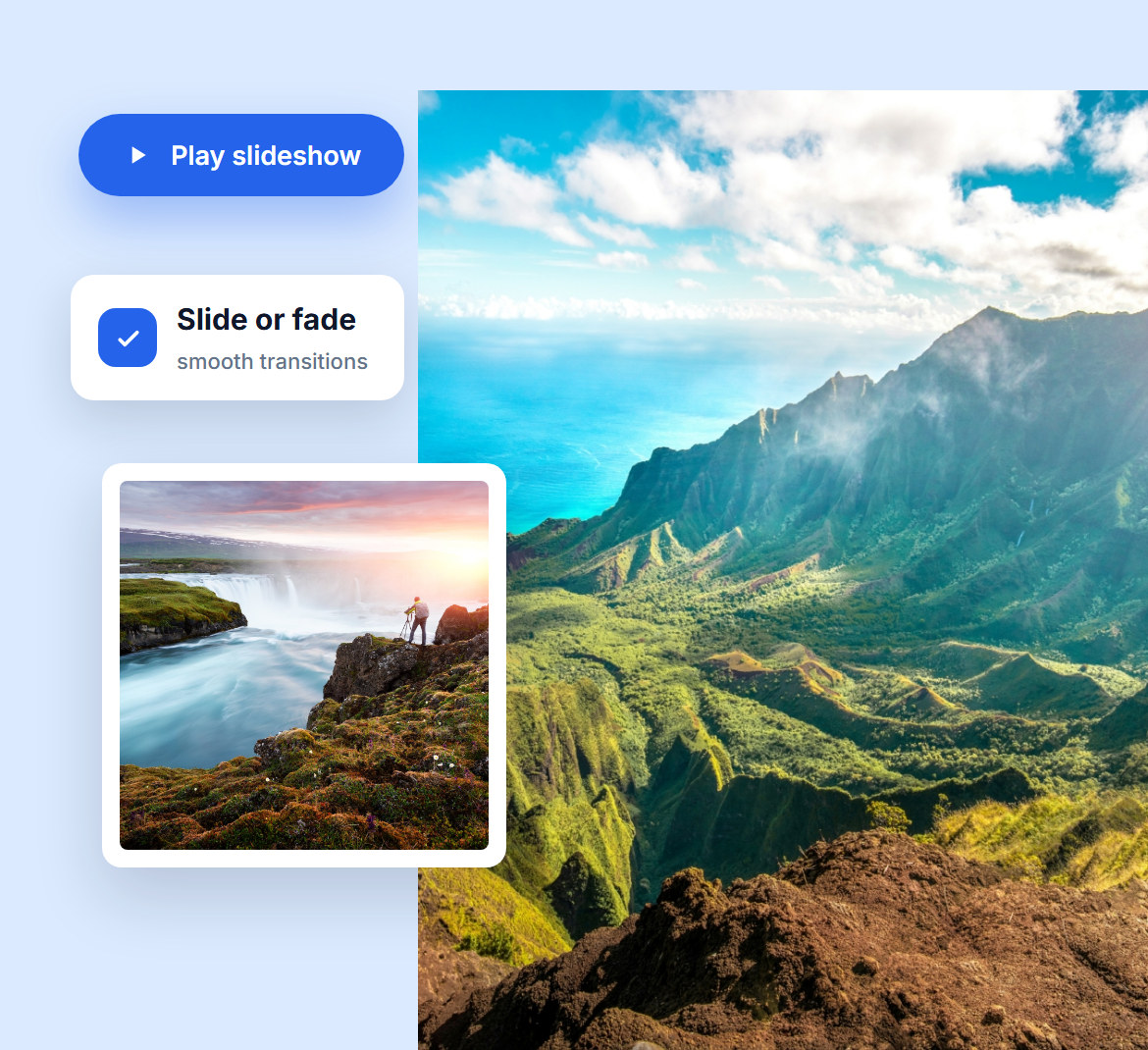 A Play slideshow button and a choice of slide or fade transitions over a green mountain landscape