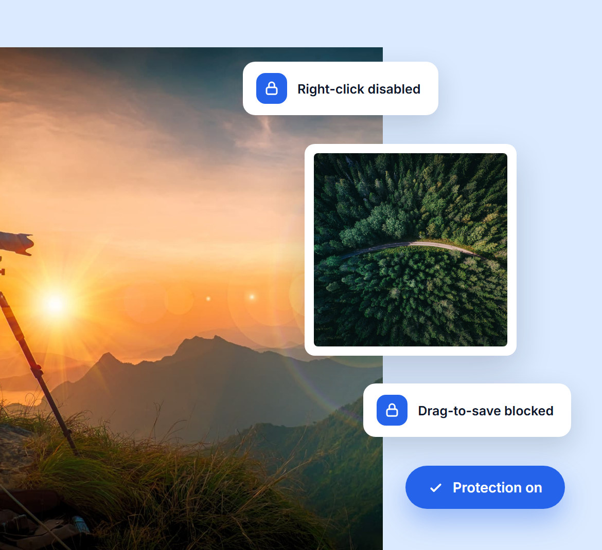 Right-click disabled and drag-to-save blocked on a sunset photo, with image protection turned on