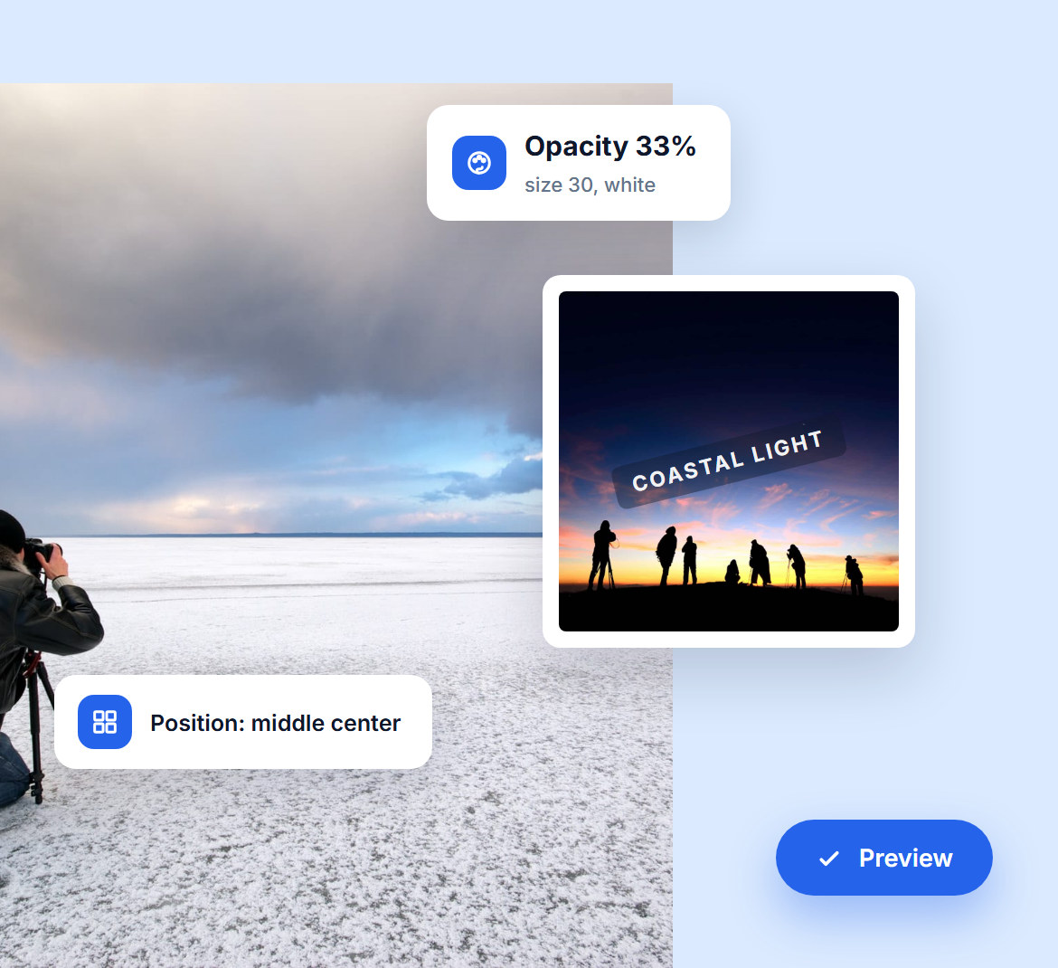 Watermark settings with 33 percent opacity, size 30 and a middle center position, with a Preview button