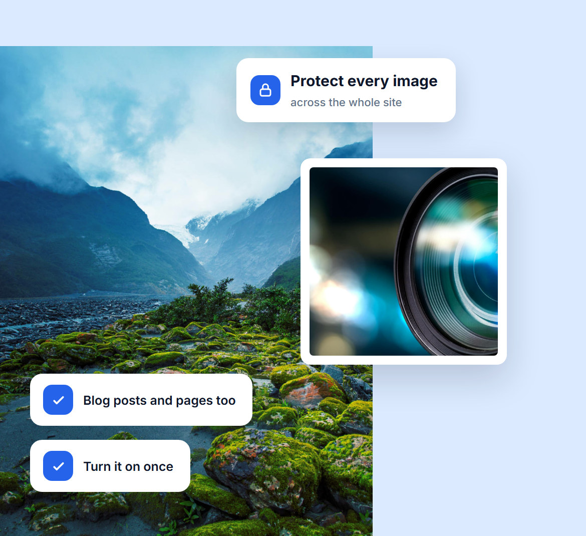 Image protection turned on for every image across the whole site, including blog posts and pages, over a mountain river valley