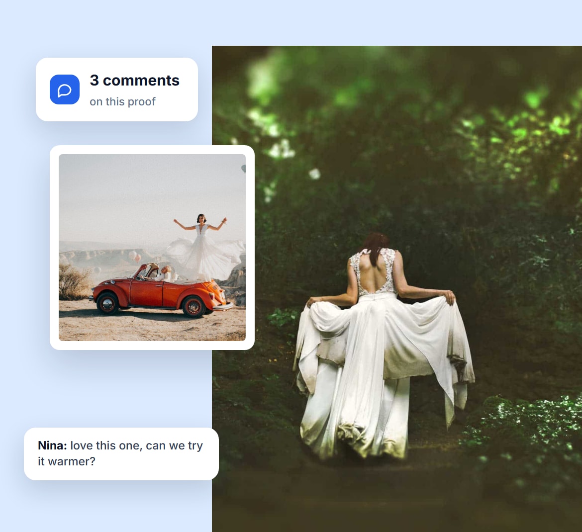 Three comments left on a proof, with a client note asking for a warmer version of one photo