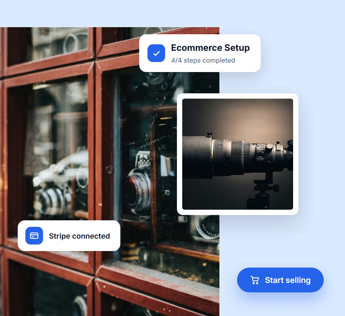 Ecommerce setup checklist with all four steps completed and Stripe connected, over a shop window full of vintage cameras