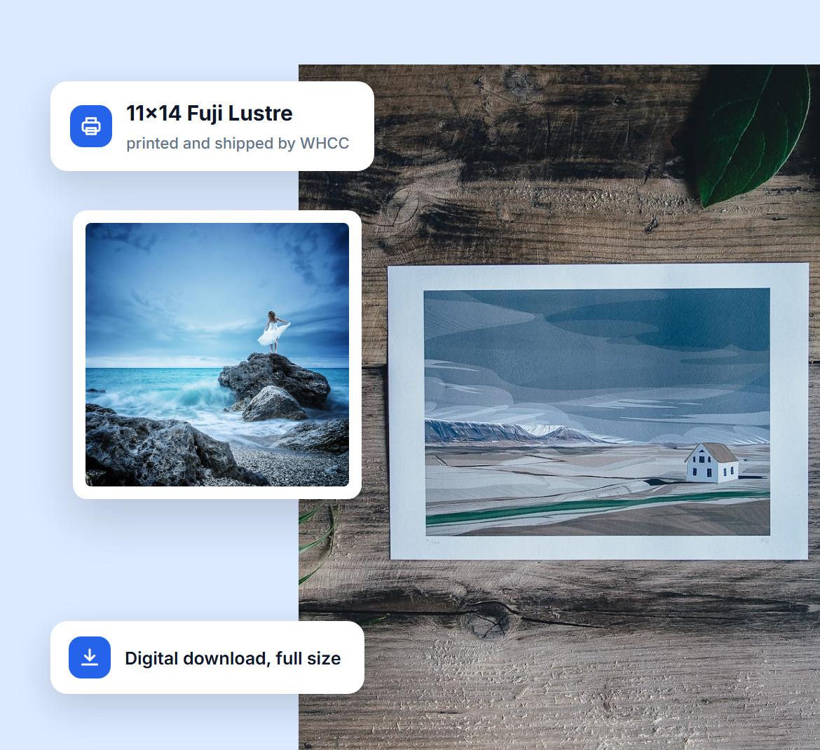 An 11x14 Fuji Lustre print and a full-size digital download offered for the same photo of a bride on sea rocks, over a printed landscape photo