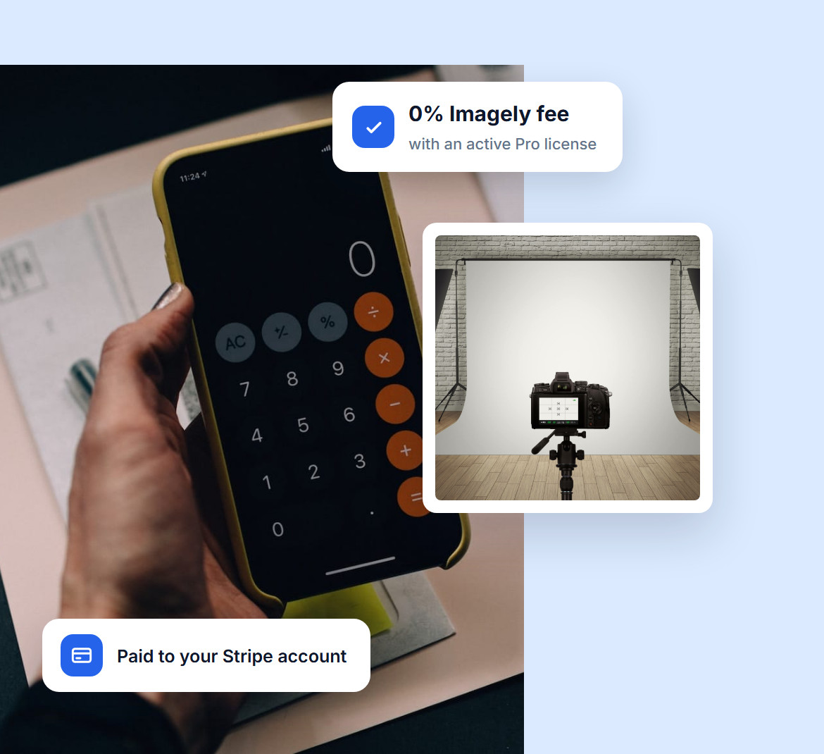 A 0% Imagely fee badge and a payment going straight to the seller, over a hand working out prices on a phone calculator
