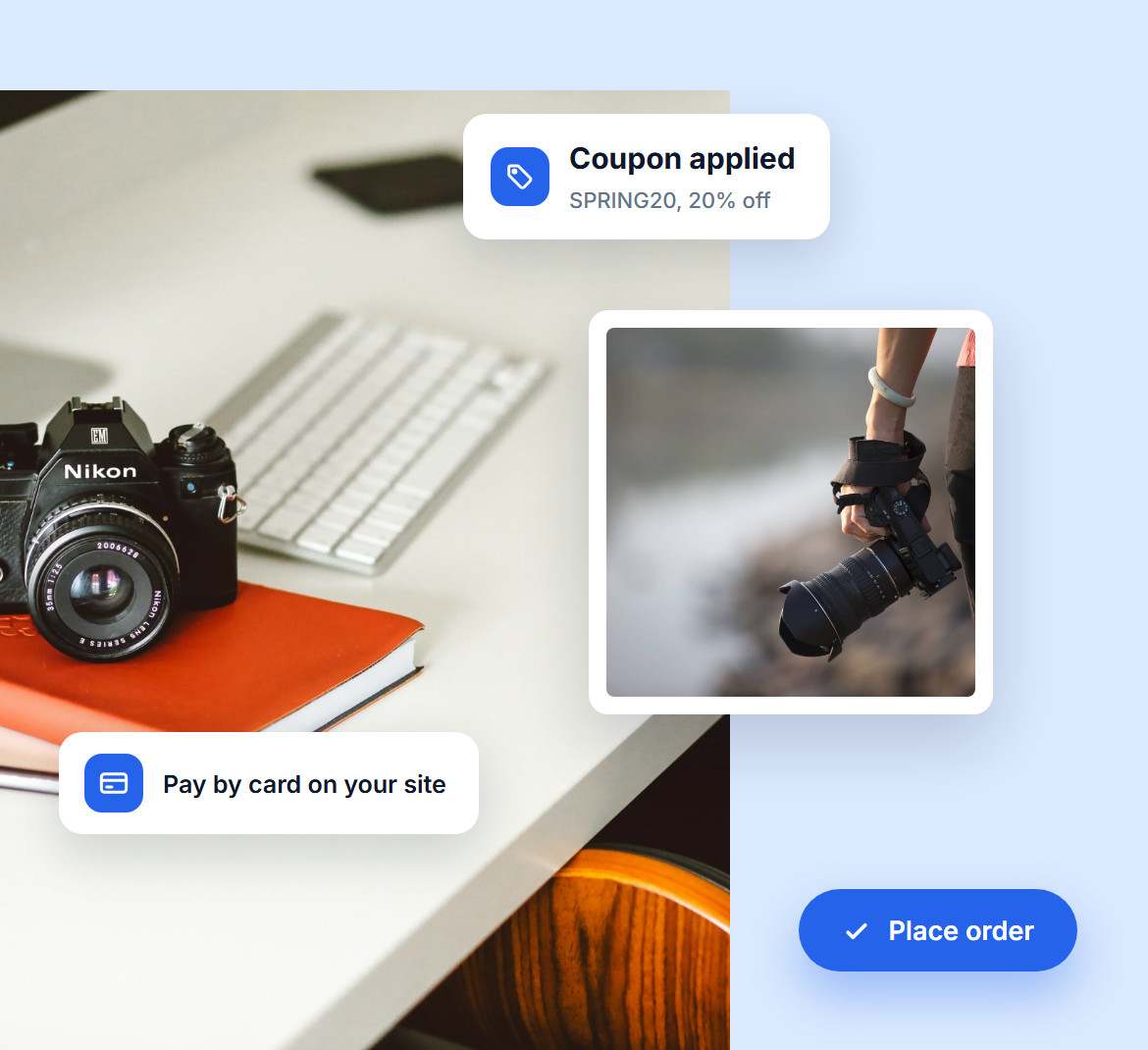 A coupon applied at checkout and a card payment taken on the site, over a camera on a red notebook