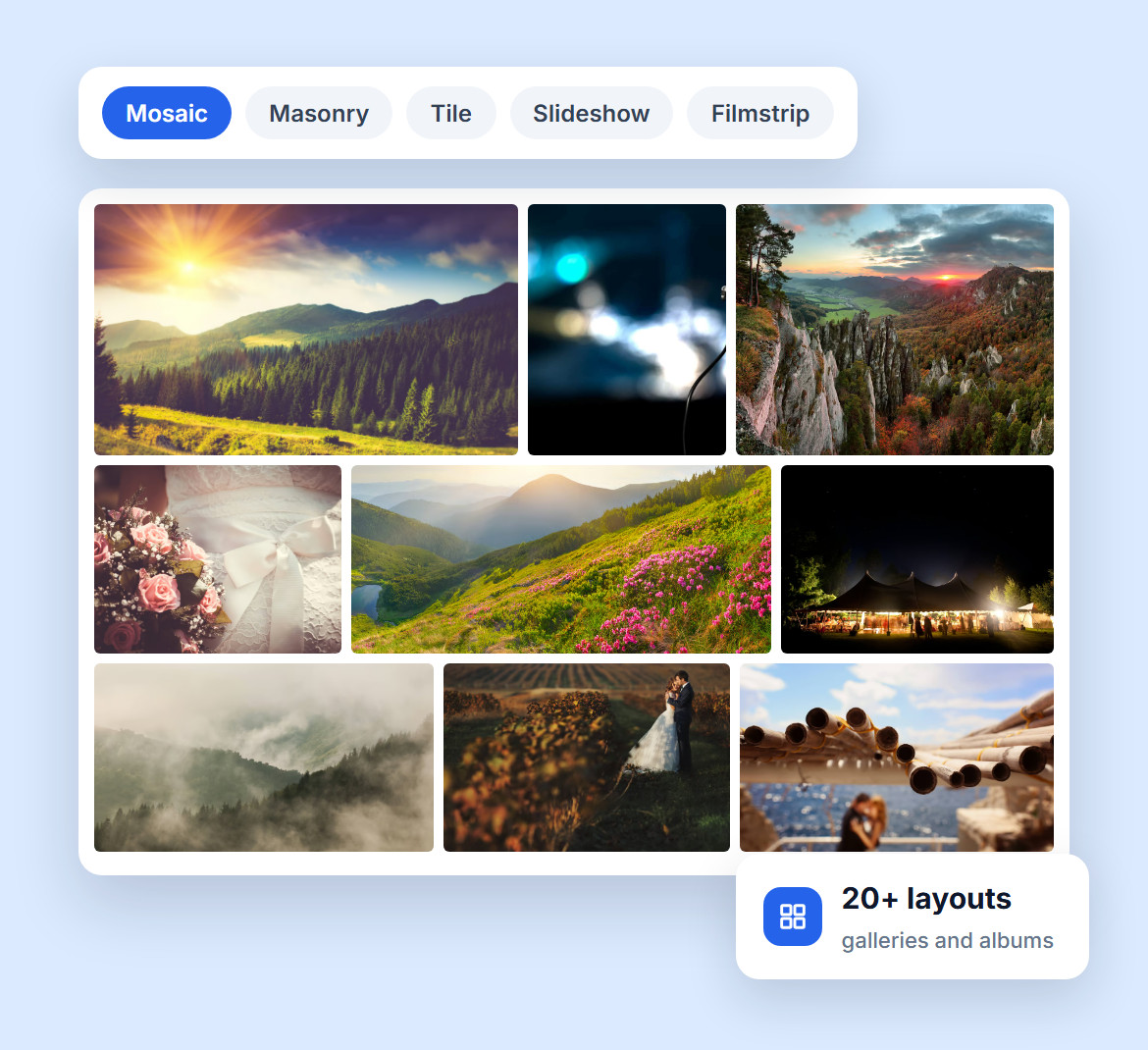 A Mosaic gallery of landscape and wedding photos, with a switcher for the Mosaic, Masonry, Tile, Slideshow and Filmstrip layouts