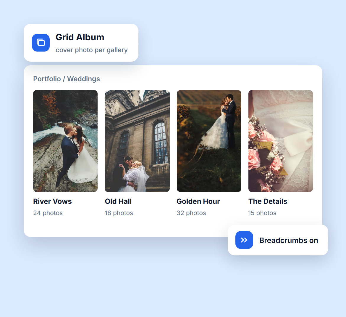 A Grid Album of four wedding galleries with cover photos, photo counts and breadcrumbs