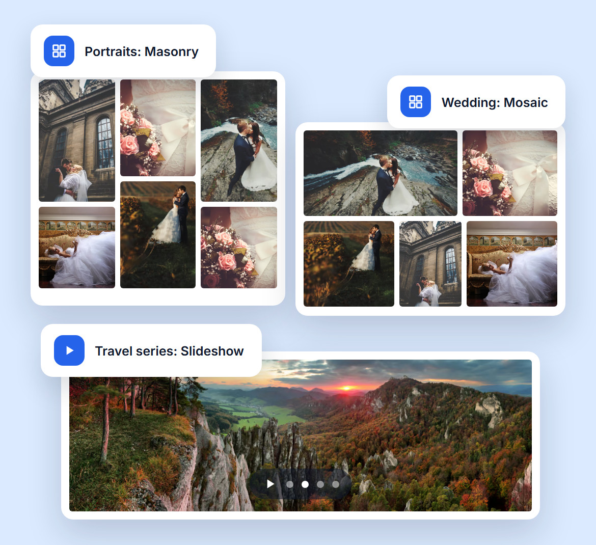 Three galleries matched to their shoot: portraits in a Masonry layout, a wedding in a Mosaic layout and a travel series as a Slideshow