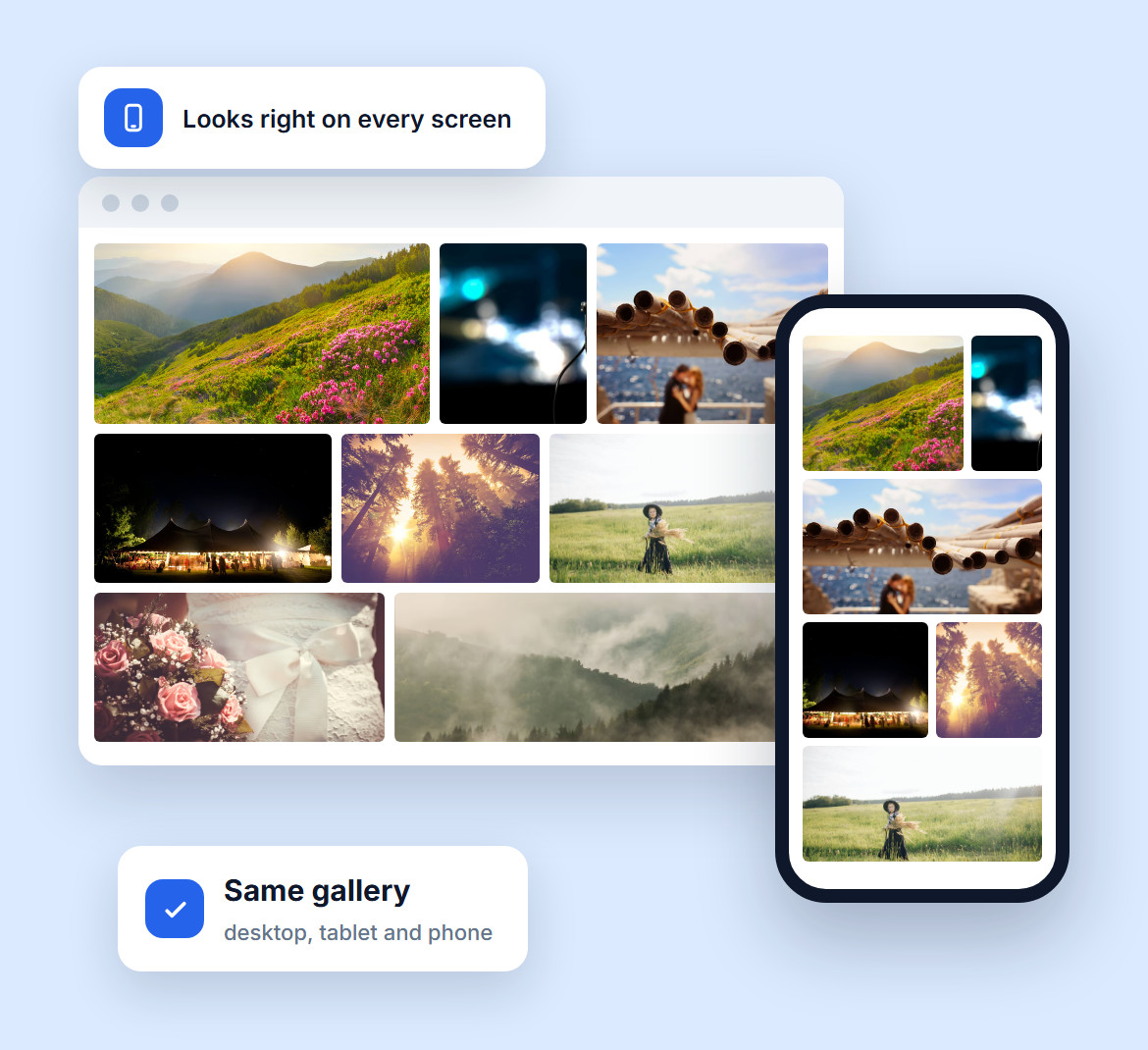 The same Mosaic gallery shown in a desktop browser window and on a phone screen