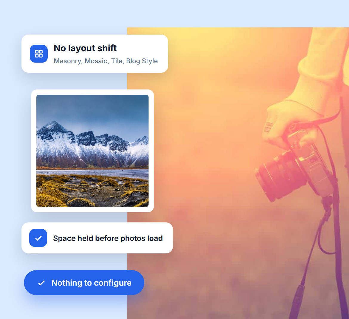 A hand holding a camera in warm light and a snowy mountain photo, with notes that Masonry, Mosaic, Tile and Blog Style galleries load with no layout shift and nothing to configure