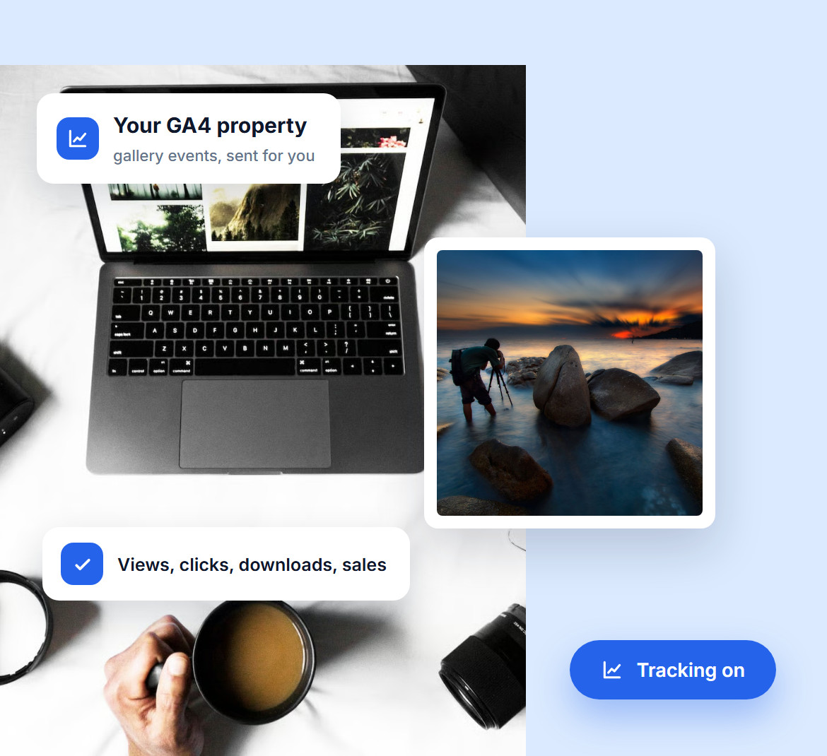 A laptop on a desk and a photographer shooting a sunset over rocks, with gallery views, image clicks, downloads and sales sent to a GA4 property