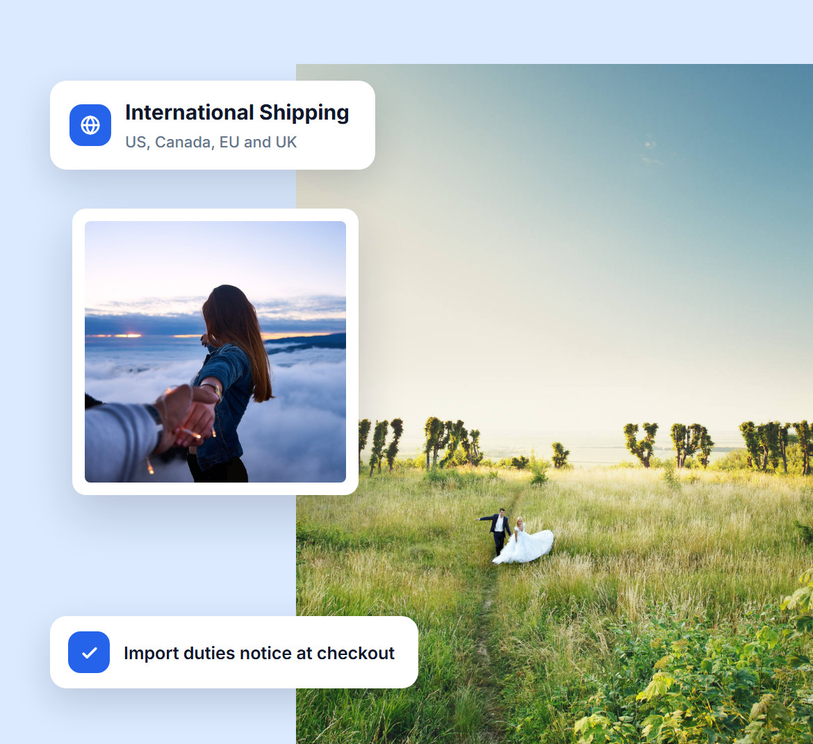 International Shipping to the US, Canada, EU and UK with an import duties notice at checkout, over a couple in a green meadow
