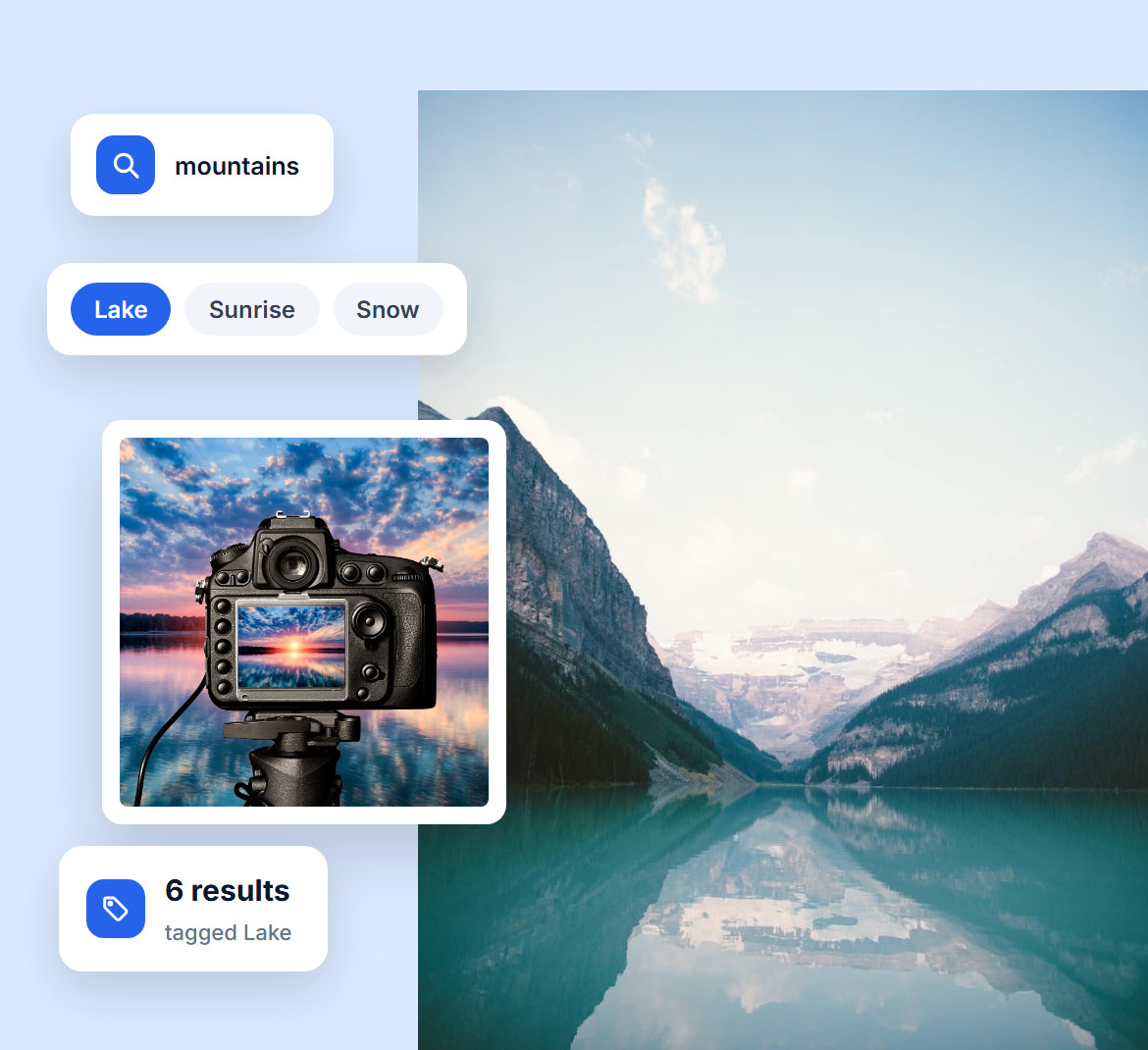 A search for mountains narrowed with the Lake tag filter to 6 results, over a mountain lake