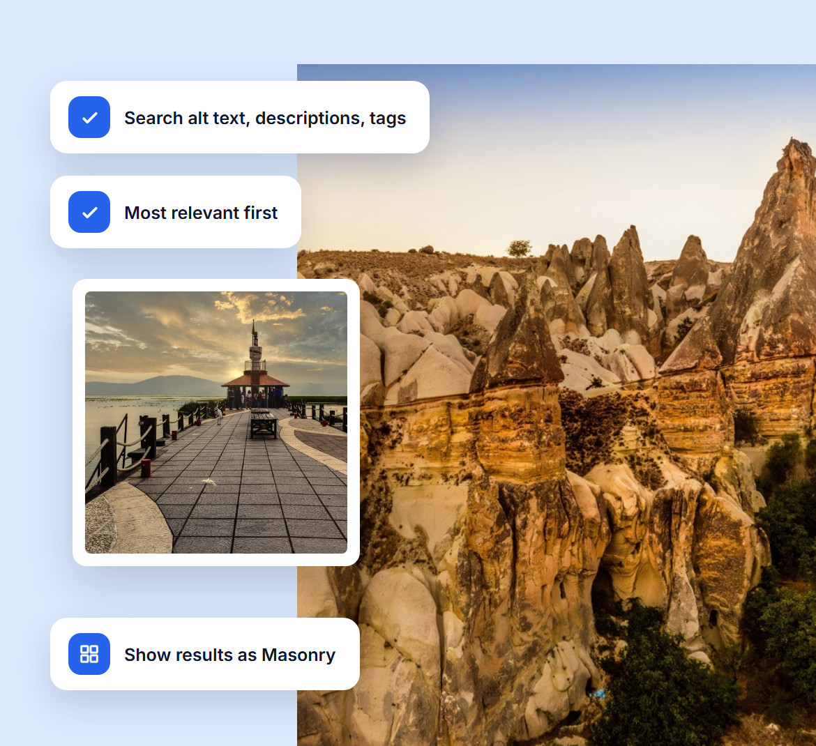 Search settings for alt text, descriptions and tags, most relevant results first and results shown as Masonry, over desert rock formations