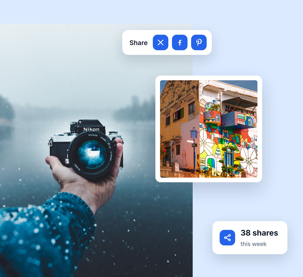 Share buttons for X, Facebook and Pinterest above a shared photo of a painted house, with 38 shares this week, over a camera held above a misty lake