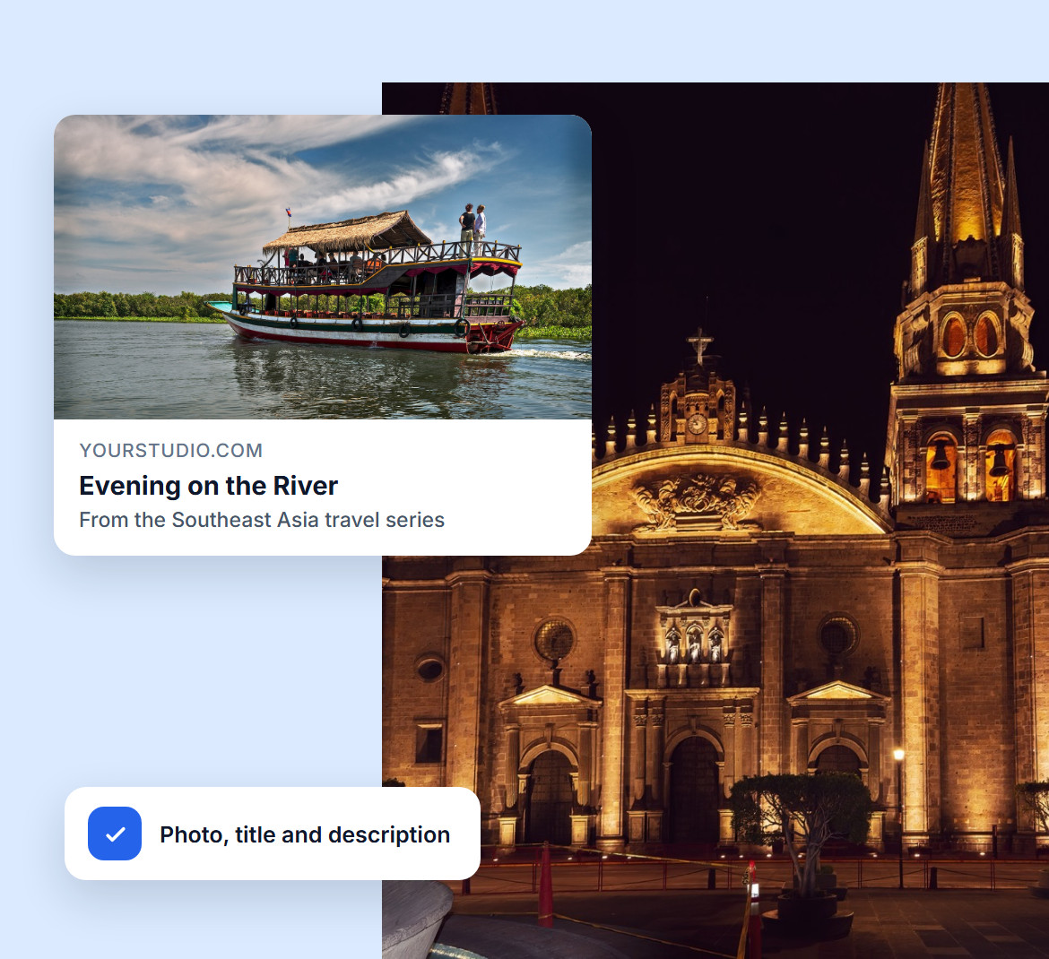 A social link preview of a shared river boat photo with its title and description, over a cathedral at night