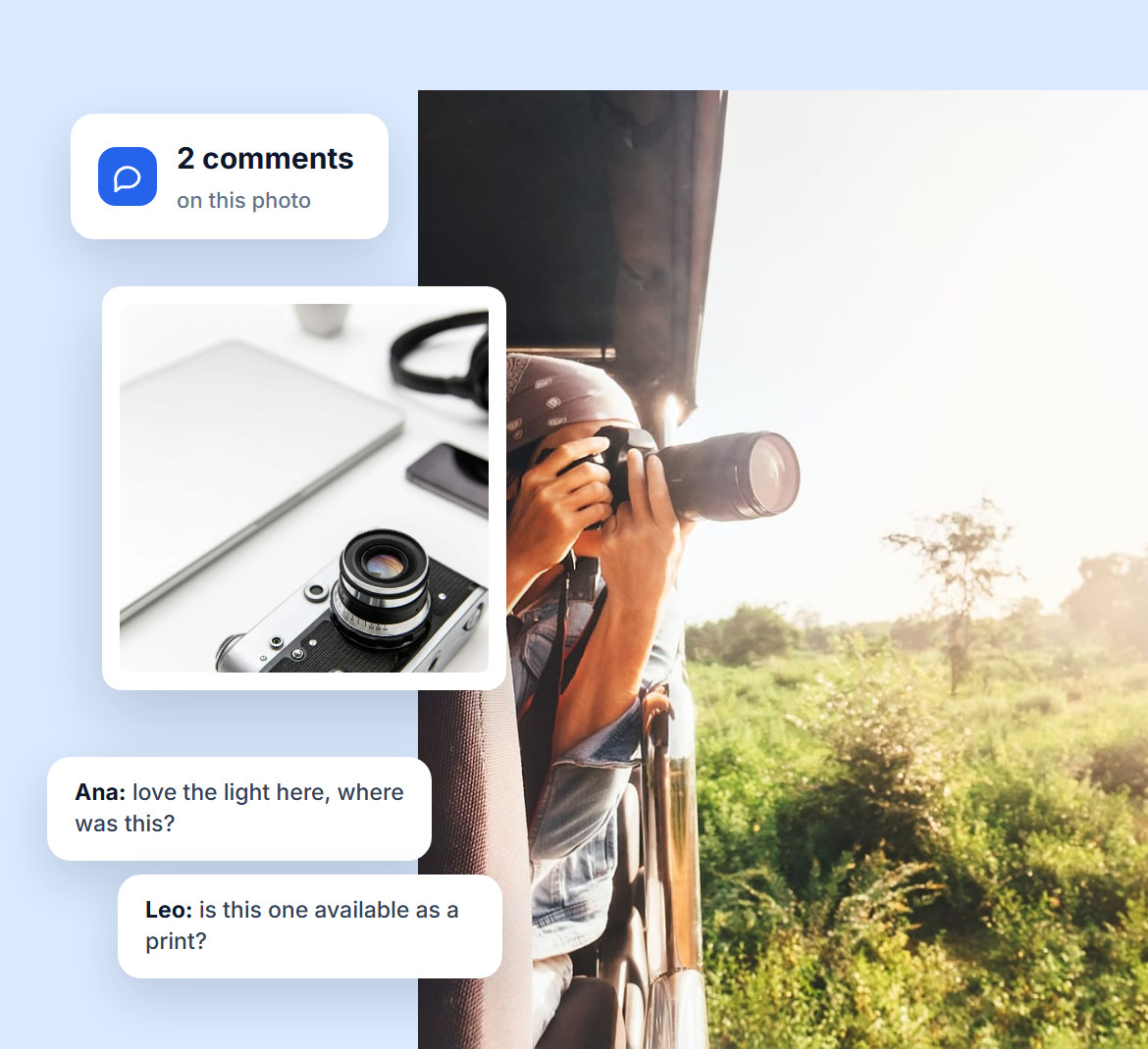 Two visitor comments on a photo, over a photographer shooting from a car window