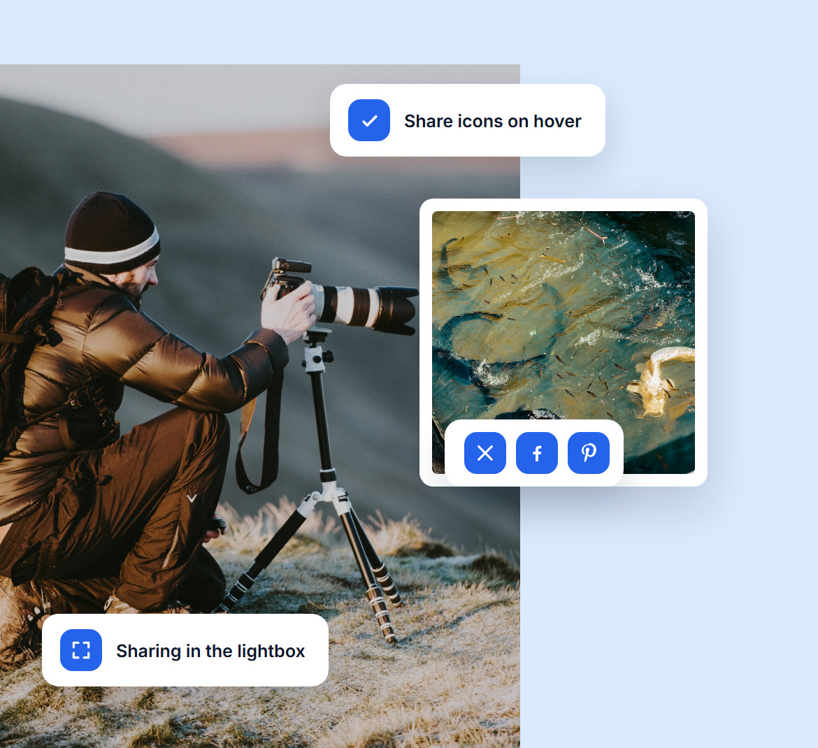 Share icons on a gallery photo on hover and sharing in the lightbox, over a photographer with a tripod on a hillside