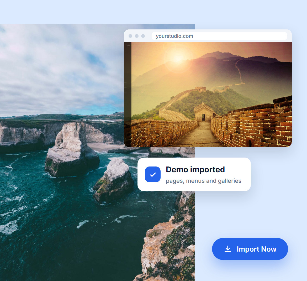 Sea stacks below a coastal cliff and a finished photography website with a Great Wall photo, imported as a demo with its pages, menus and galleries, with an Import Now button
