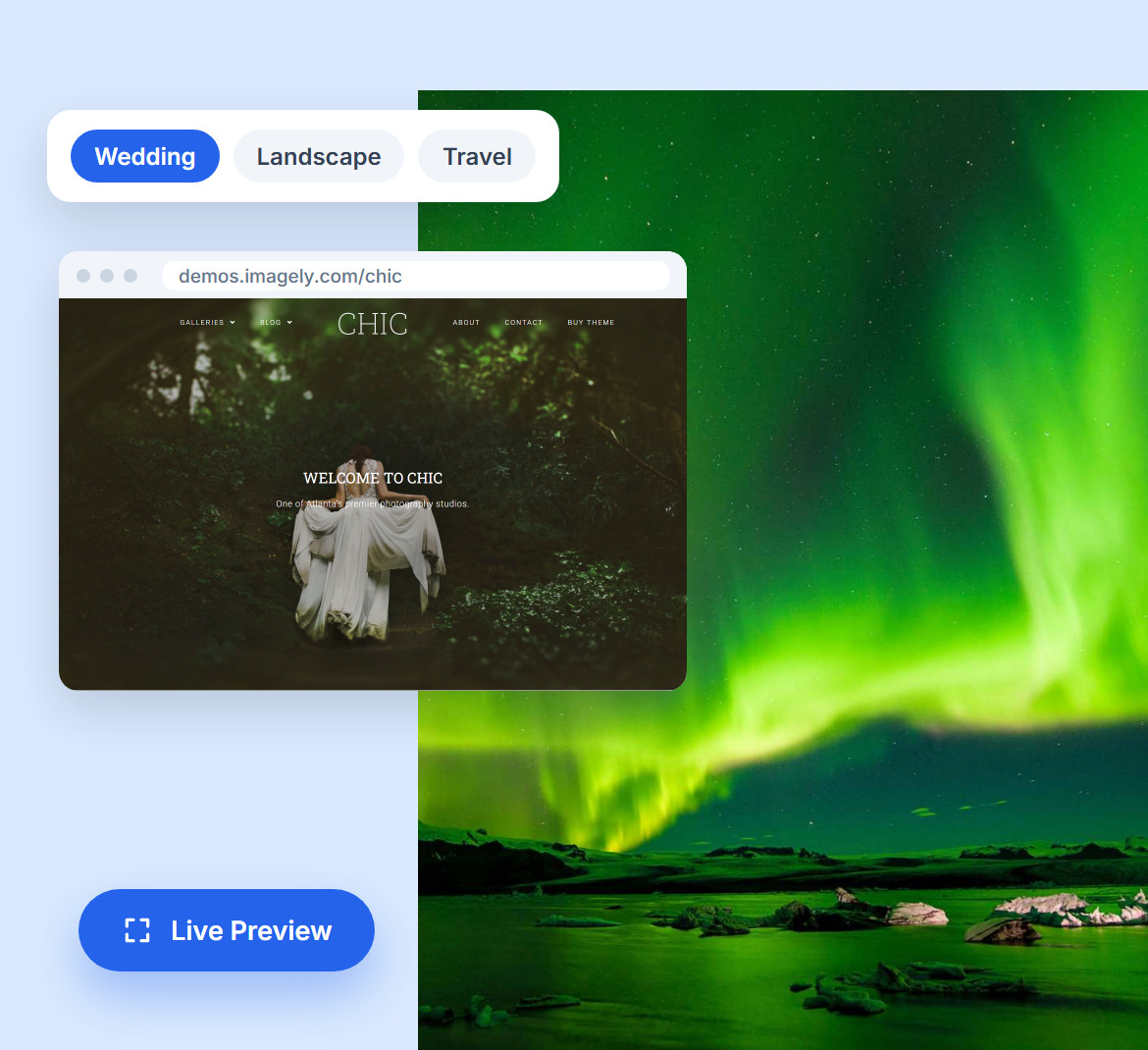 A green aurora over a lake and the Chic wedding design open as a live demo, with Wedding, Landscape and Travel design filters and a Live Preview button