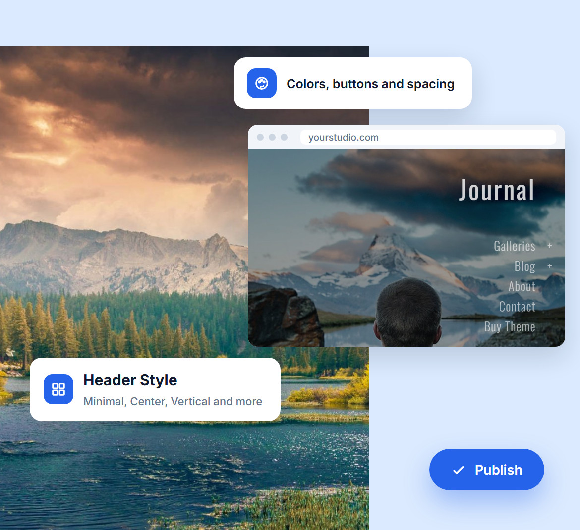 A mountain lake under storm clouds and a website with the Journal side header, with settings for colors, buttons and spacing, a choice of header styles and a Publish button