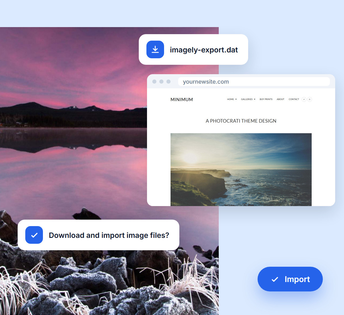 A pink sunrise over a frosty lake and the Minimum design on a new site, with design settings exported to a file and imported with the option to download image files too