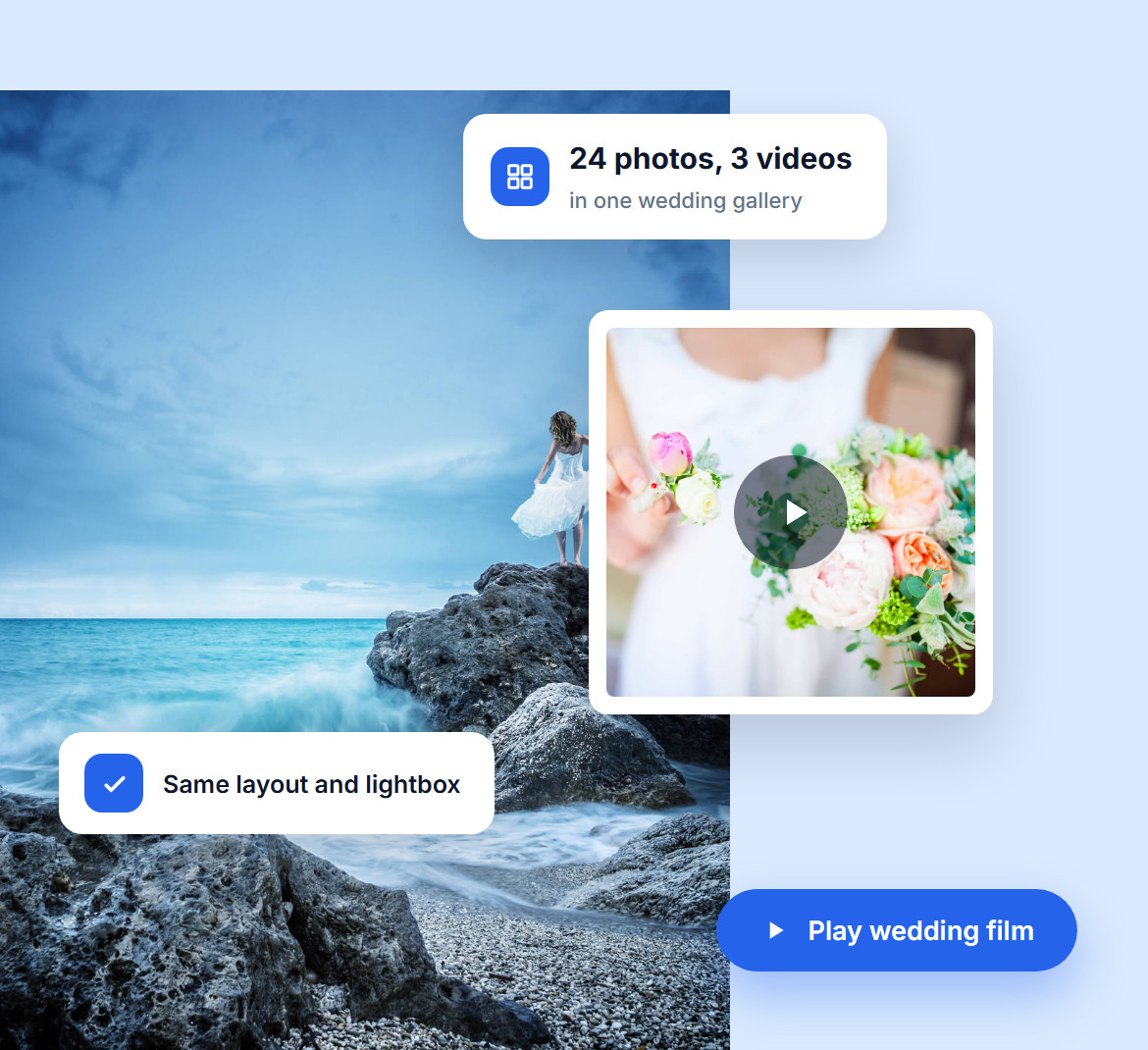 A bride on rocks by the sea and a bouquet video with a play button, in one wedding gallery of 24 photos and 3 videos that share the same layout and lightbox