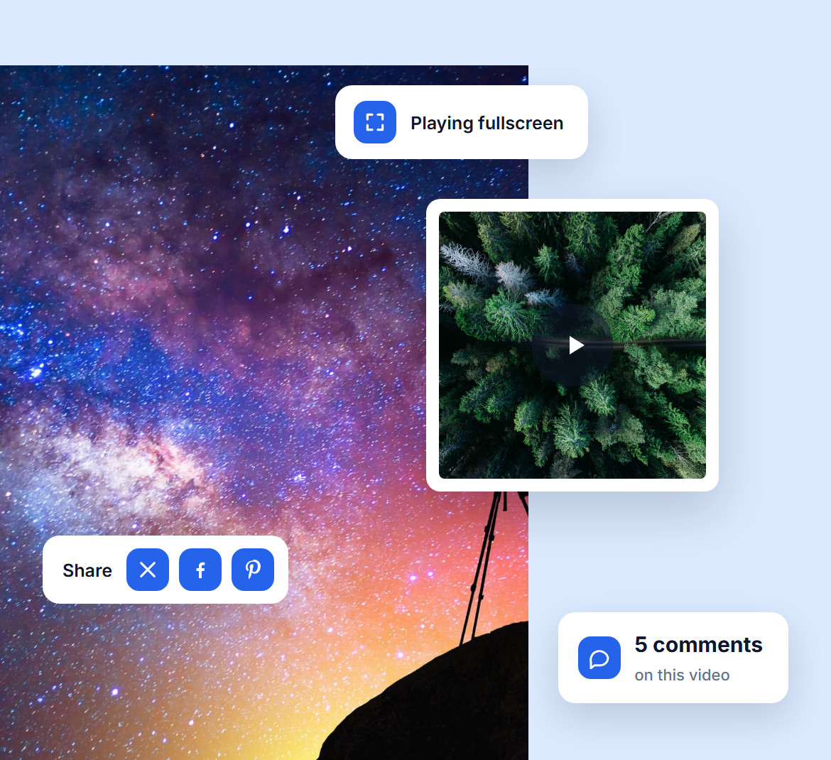 The Milky Way above a tripod and an aerial forest video playing fullscreen, with share buttons for X, Facebook and Pinterest and five comments on the video